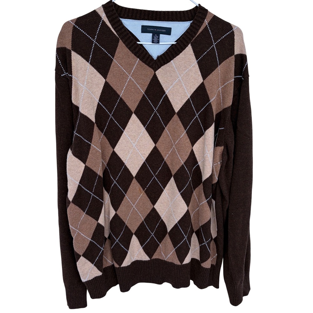 Tommy Hilfiger Mens Argyle V Neck Sweater‎ Brown Tan XL Long Sleeve Pullover